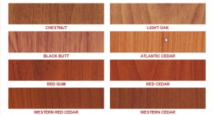 A wood-look security door colour palette featuring chestnut, light oak, black butt, atlantic cedar, red gum, red cedar, western red cedar and western cedar